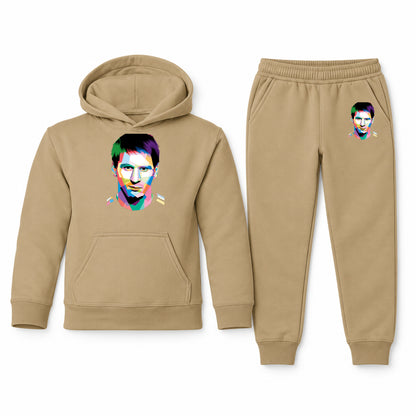 Lionel Messi Face Art Soccer youth hoodie jogger set, Khaki, Youth Large ages 10–12