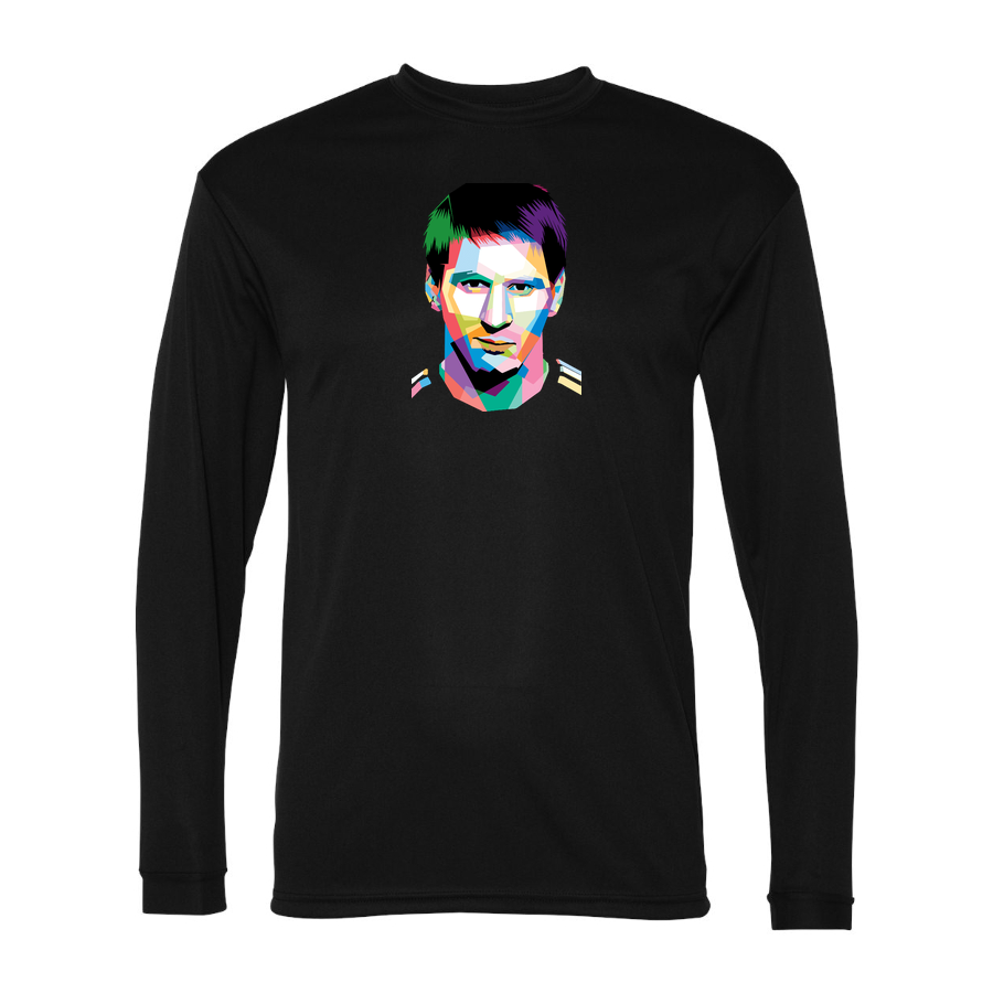 Men's Lionel Messi Face Art Soccer Performance Long Sleeve T-Shirt | Color: Black | Original artwork on Drive garment