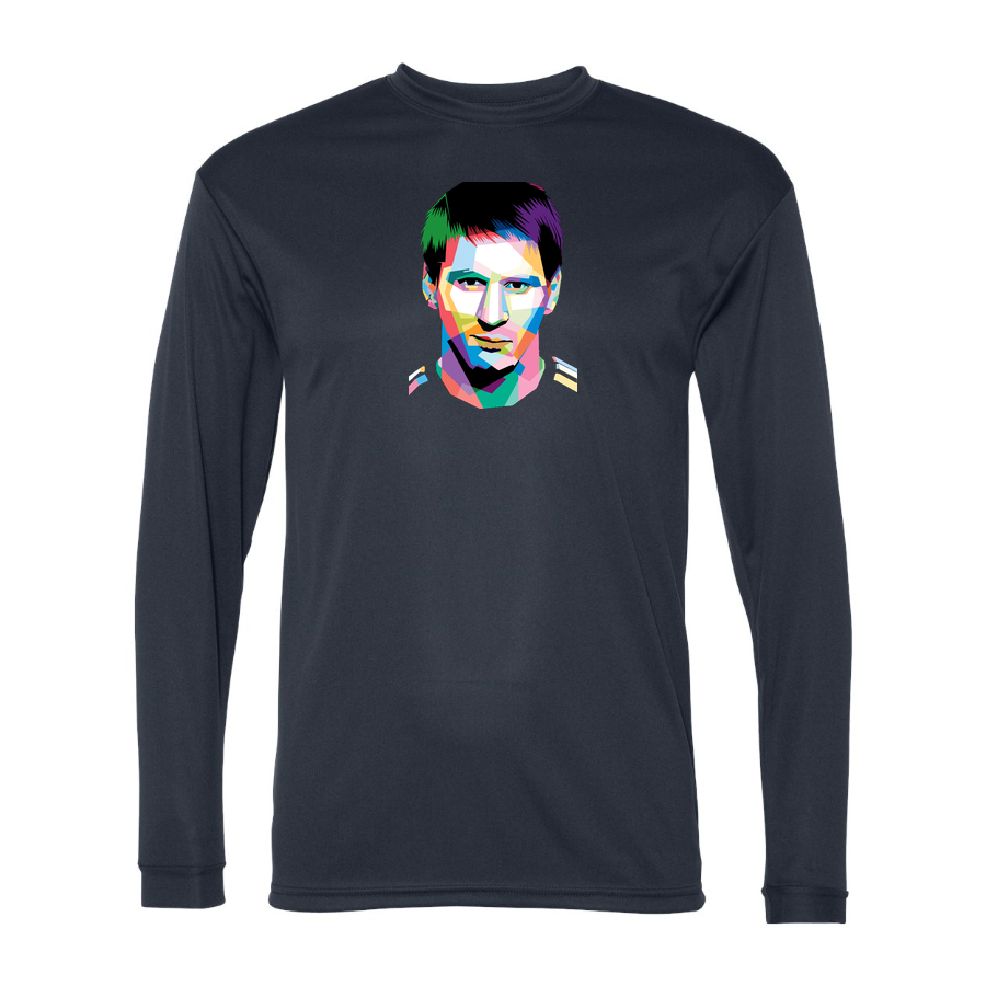 Men's Lionel Messi Face Art Soccer Performance Long Sleeve T-Shirt | Color: Navy | Original artwork on Drive garment