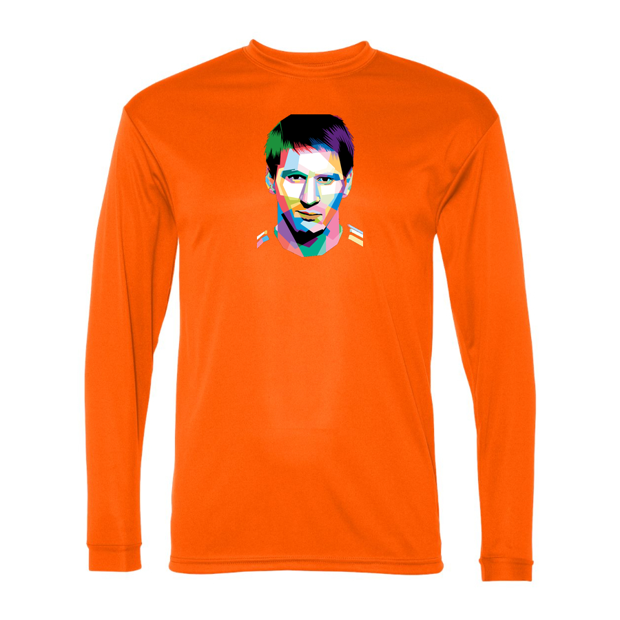 Men's Lionel Messi Face Art Soccer Performance Long Sleeve T-Shirt | Color: Orange | Original artwork on Drive garment