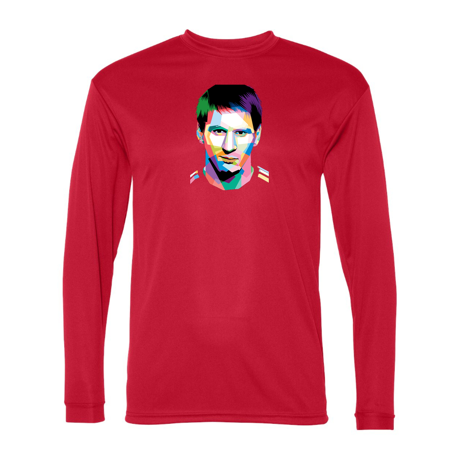 Men's Lionel Messi Face Art Soccer Performance Long Sleeve T-Shirt | Color: Red | Original artwork on Drive garment