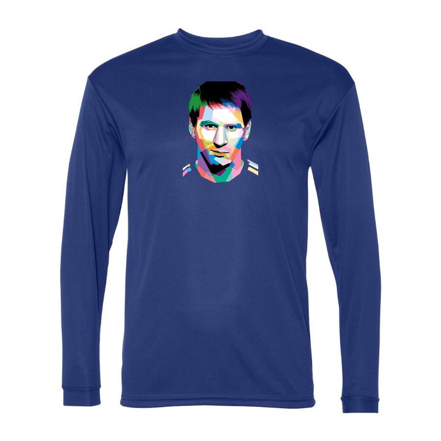 Men's Lionel Messi Face Art Soccer Performance Long Sleeve T-Shirt | Color: Royal | Original artwork on Drive garment