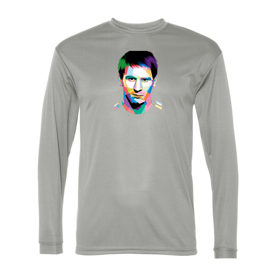 Men's Lionel Messi Face Art Soccer Performance Long Sleeve T-Shirt | Color: Silver | Original artwork on Drive garment