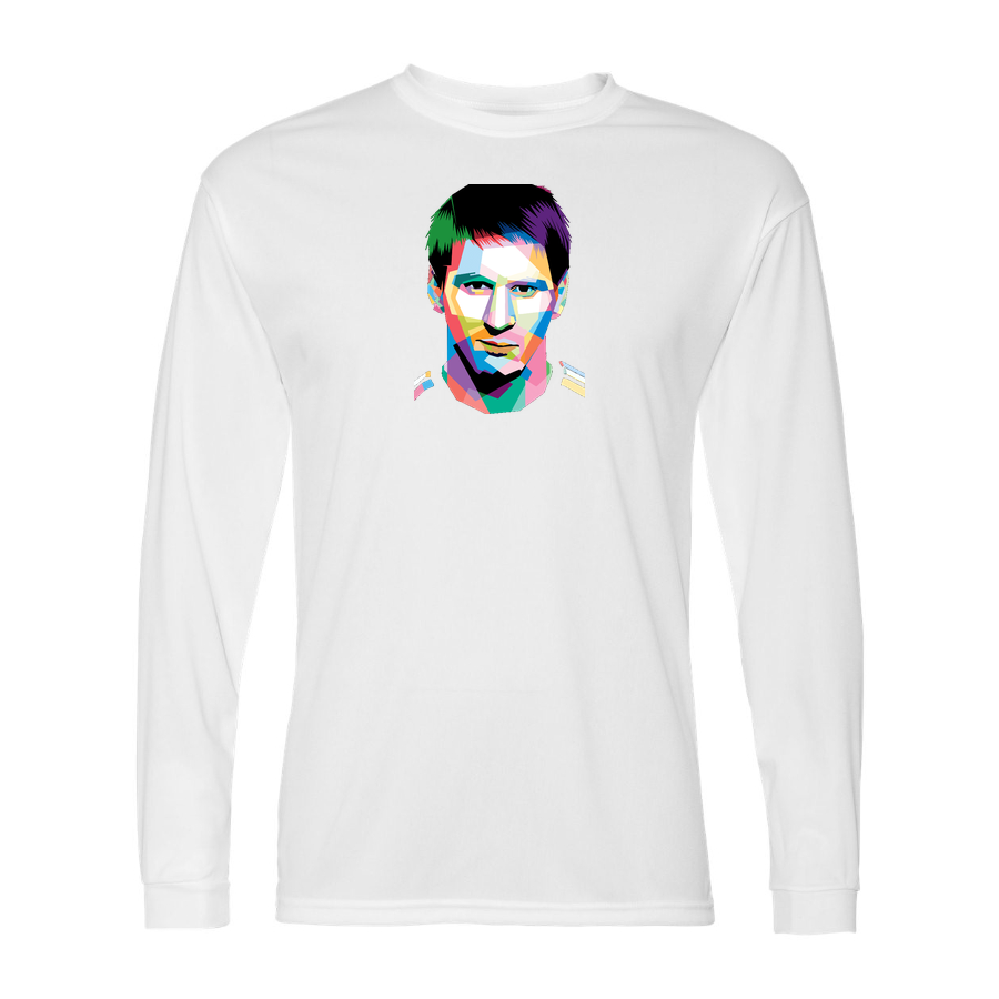 Men's Lionel Messi Face Art Soccer Performance Long Sleeve T-Shirt | Color: White | Original artwork on Drive garment