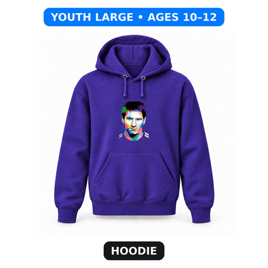 Lionel Messi Face Art Soccer - Youth Large Hoodie (Ages 10–12) | Color: Purple