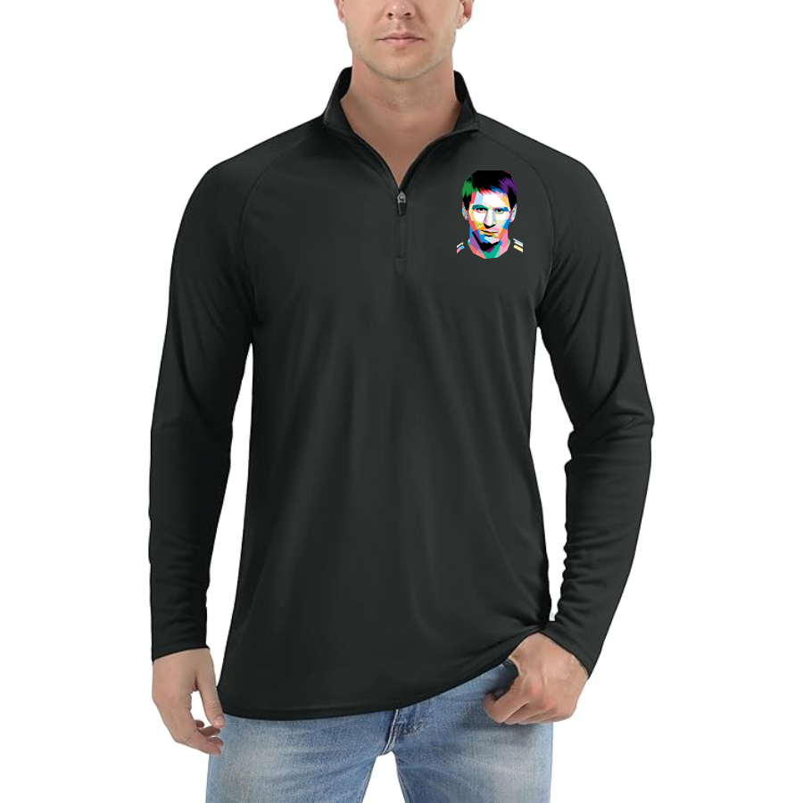 Men's Lionel Messi Face Art Soccer Lightweight Quarter-Zip Athletic Shirt Long Sleeve Performance Wear | Color: Black | Original artwork on Drive garment