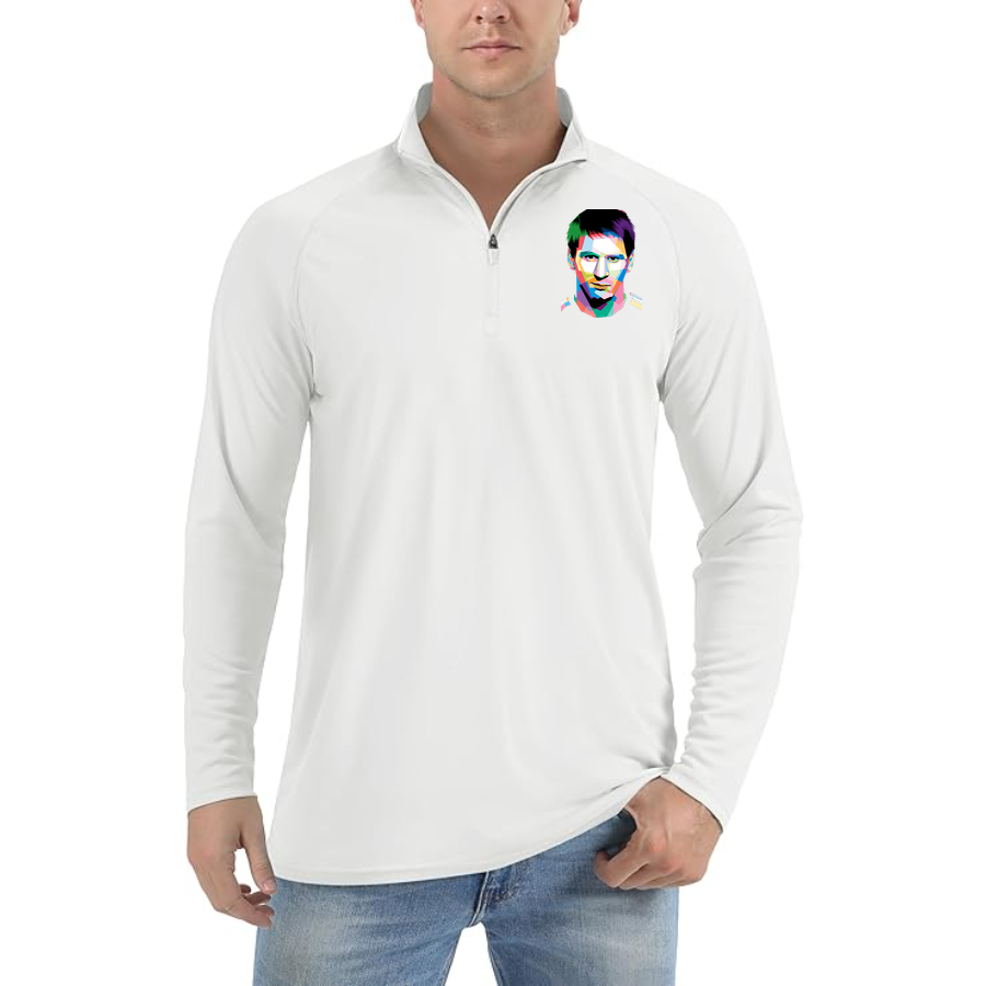 Men's Lionel Messi Face Art Soccer Lightweight Quarter-Zip Athletic Shirt Long Sleeve Performance Wear | Color: White | Original artwork on Drive garment