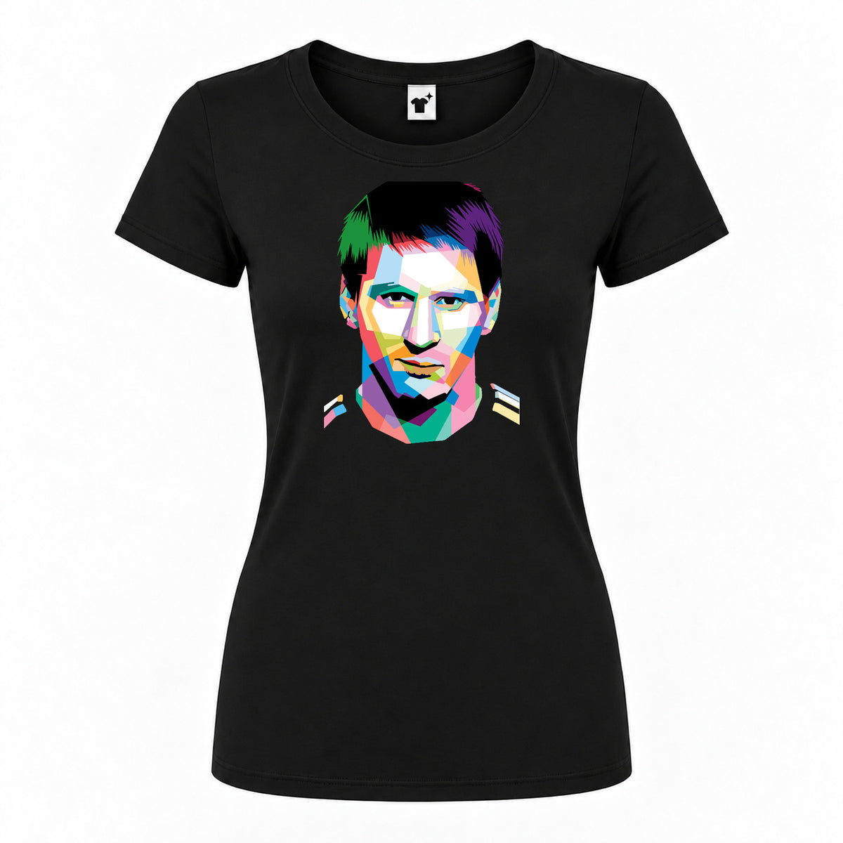 Women's Lionel Messi Face Art Soccer Round Neck T-Shirt — Black — original logo on current Drive garment