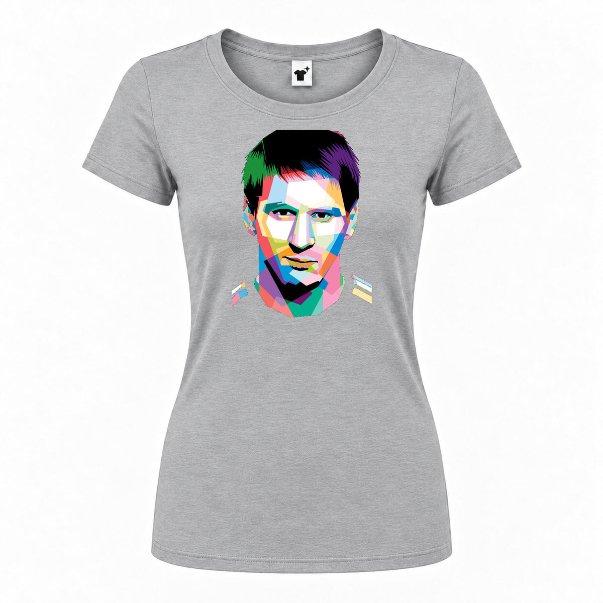 Women's Lionel Messi Face Art Soccer Round Neck T-Shirt — Grey — original logo on current Drive garment