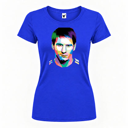 Women's Lionel Messi Face Art Soccer Round Neck T-Shirt — Royal Blue — original logo on current Drive garment