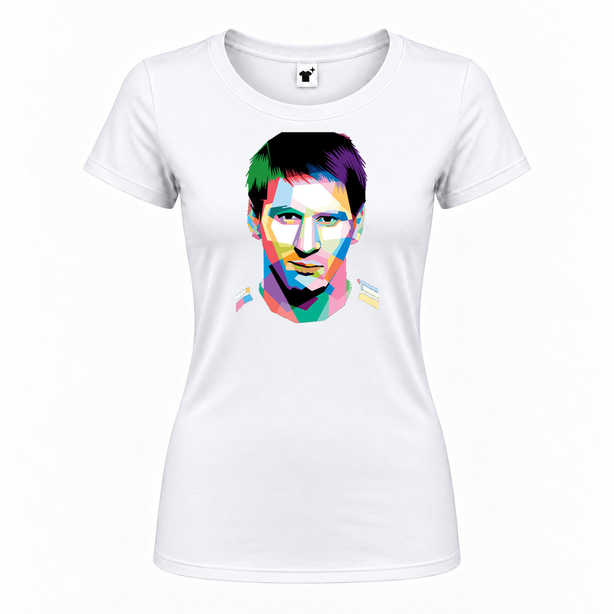 Women's Lionel Messi Face Art Soccer Round Neck T-Shirt — White — original logo on current Drive garment