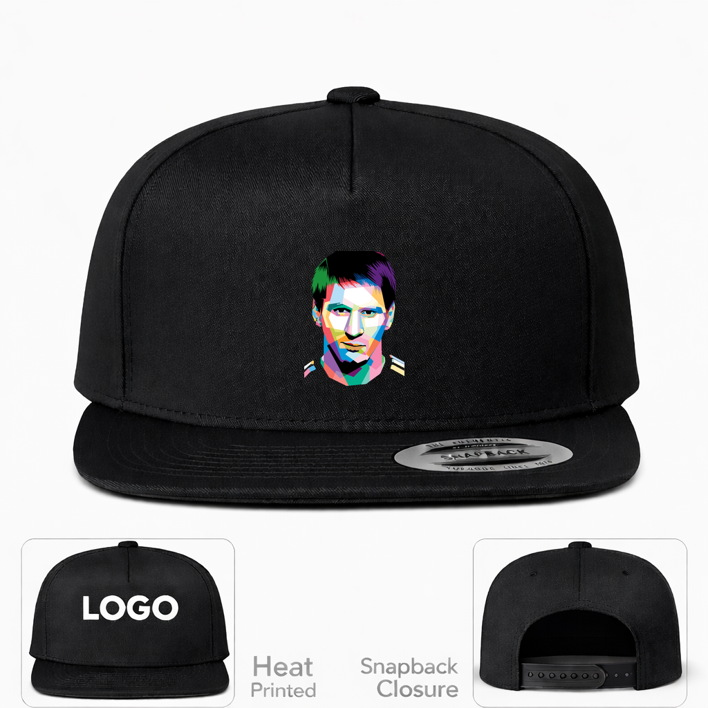 Lionel Messi Face Art Soccer Snapback Hat | Color: Black | Original artwork on Drive garment
