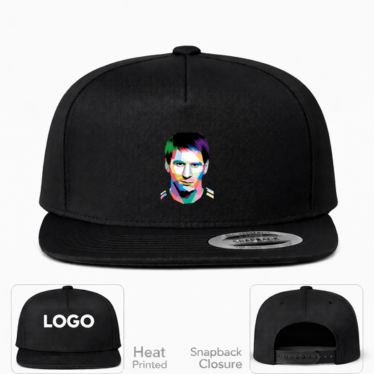Lionel Messi Face Art Soccer Snapback Hat | Color: Black | Original artwork on Drive garment