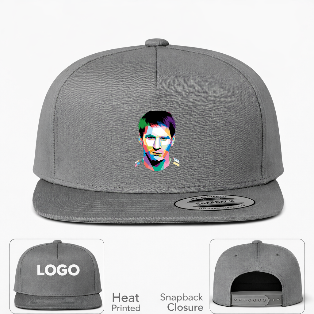 Lionel Messi Face Art Soccer Snapback Hat | Color: Grey | Original artwork on Drive garment