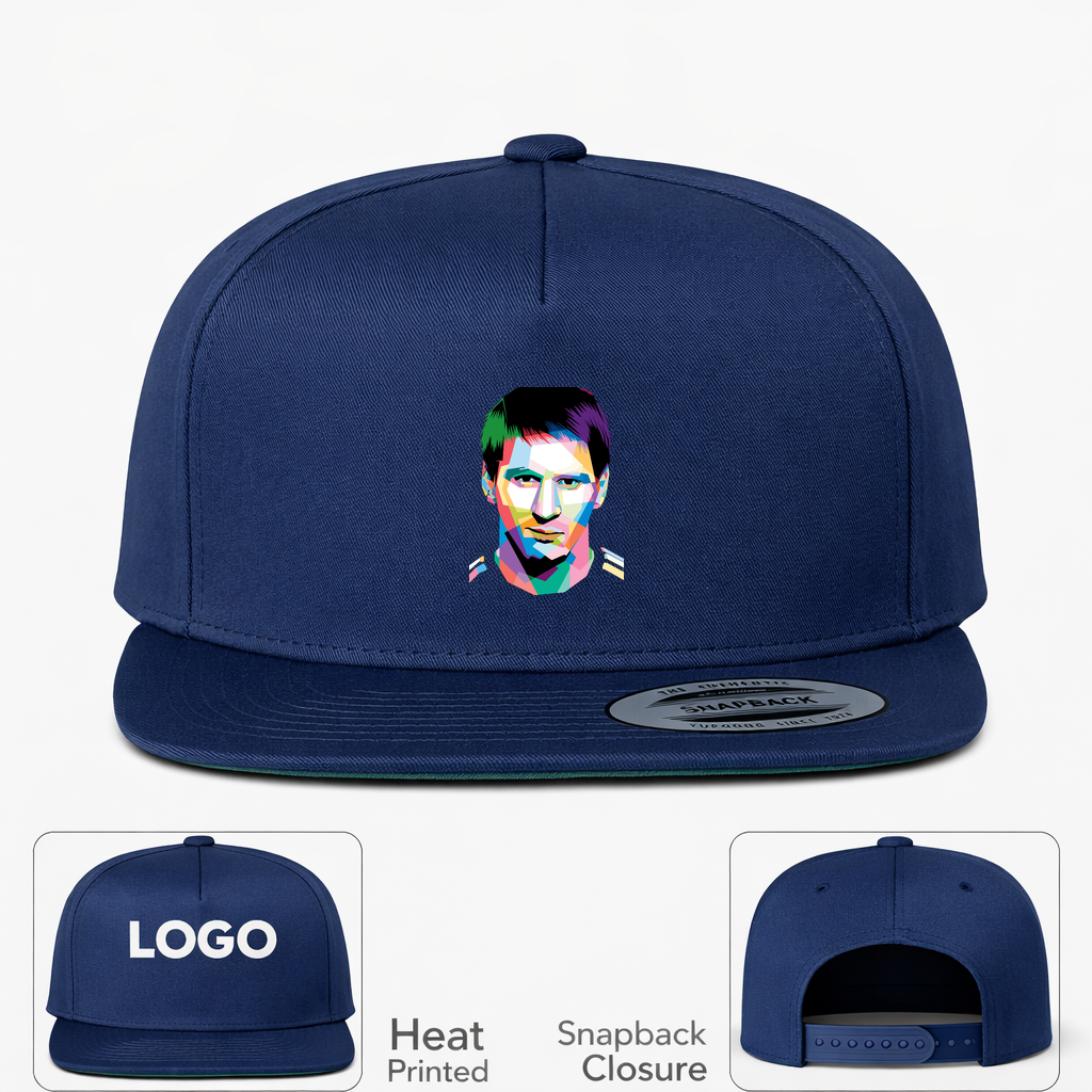 Lionel Messi Face Art Soccer Snapback Hat | Color: Navy | Original artwork on Drive garment