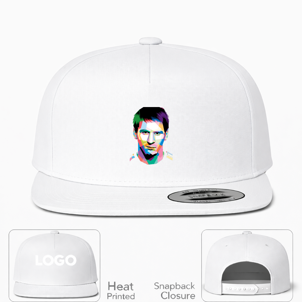 Lionel Messi Face Art Soccer Snapback Hat | Color: White | Original artwork on Drive garment