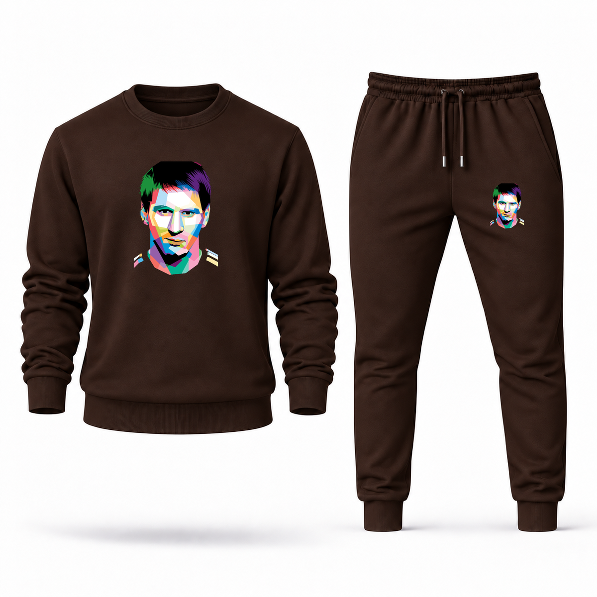Men's Lionel Messi Face Art Soccer Sweatshirt Joggers Set | Color: Brown | Original artwork on Drive garment