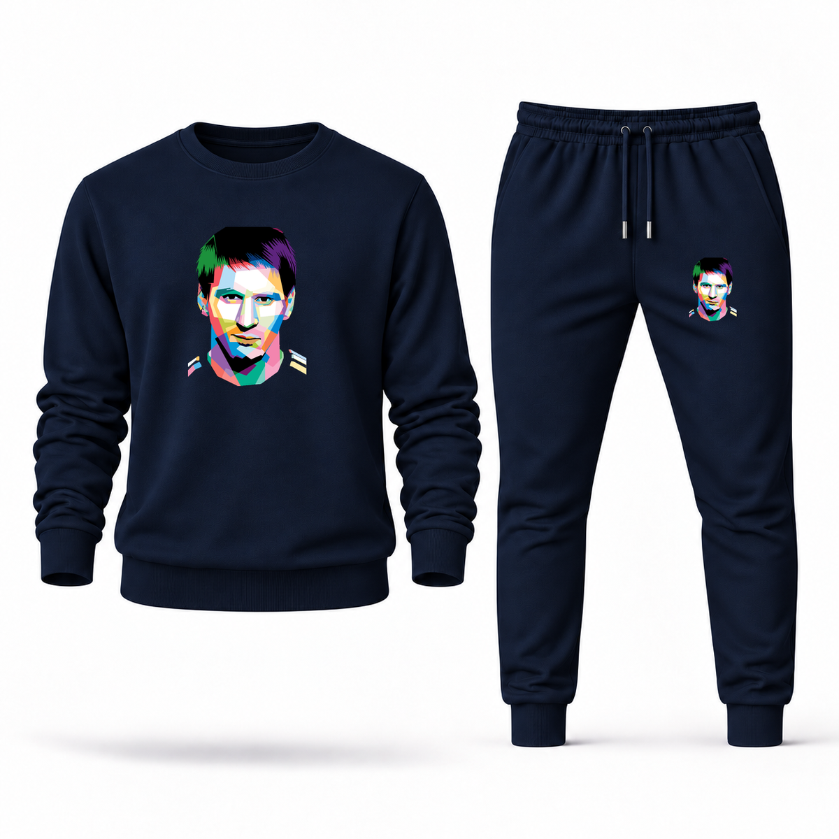 Men's Lionel Messi Face Art Soccer Sweatshirt Joggers Set | Color: Navy | Original artwork on Drive garment