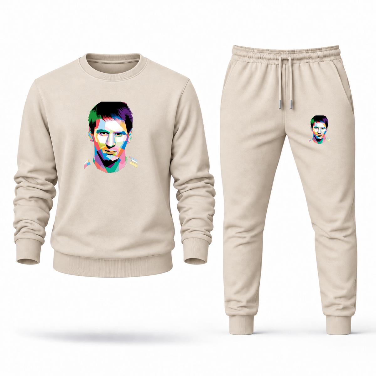 Men's Lionel Messi Face Art Soccer Sweatshirt Joggers Set | Color: Tan | Original artwork on Drive garment