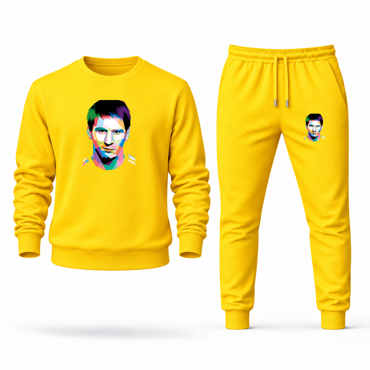 Men's Lionel Messi Face Art Soccer Sweatshirt Joggers Set | Color: Yellow | Original artwork on Drive garment