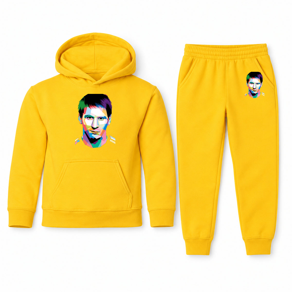 Lionel Messi Face Art Soccer youth hoodie jogger set, Yellow, Youth Large ages 10–12