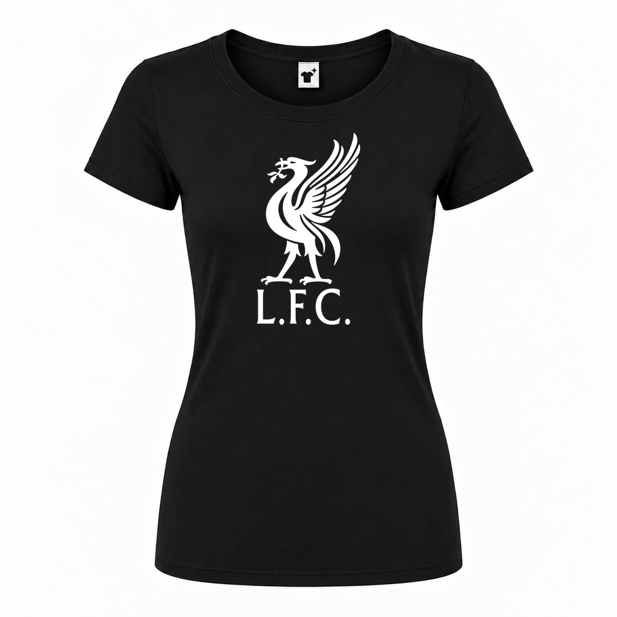 Women's Liverpool L.F.C. Soccer Round Neck T-Shirt — Black — original logo on current Drive garment
