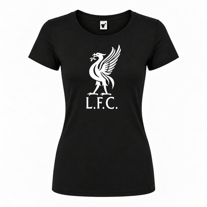 Women's Liverpool L.F.C. Soccer Round Neck T-Shirt — Black — original logo on current Drive garment