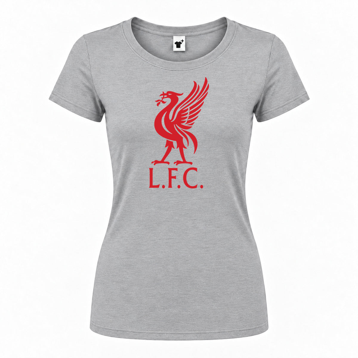 Women's Liverpool L.F.C. Soccer Round Neck T-Shirt — Grey — original logo on current Drive garment