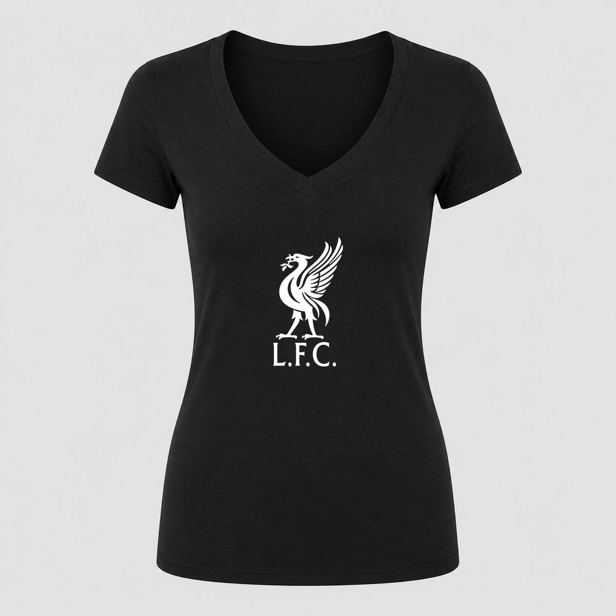 Women's Liverpool L.F.C. Soccer V-Neck T-Shirt | Color: Black | Original artwork on Drive garment