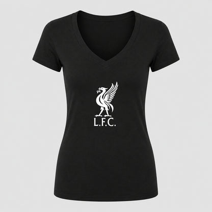 Women's Liverpool L.F.C. Soccer V-Neck T-Shirt | Color: Black | Original artwork on Drive garment