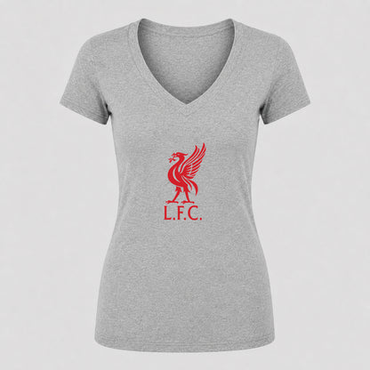 Women's Liverpool L.F.C. Soccer V-Neck T-Shirt | Color: Gray | Original artwork on Drive garment