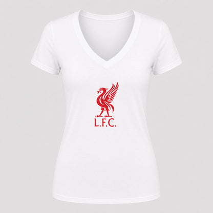 Women's Liverpool L.F.C. Soccer V-Neck T-Shirt | Color: White | Original artwork on Drive garment