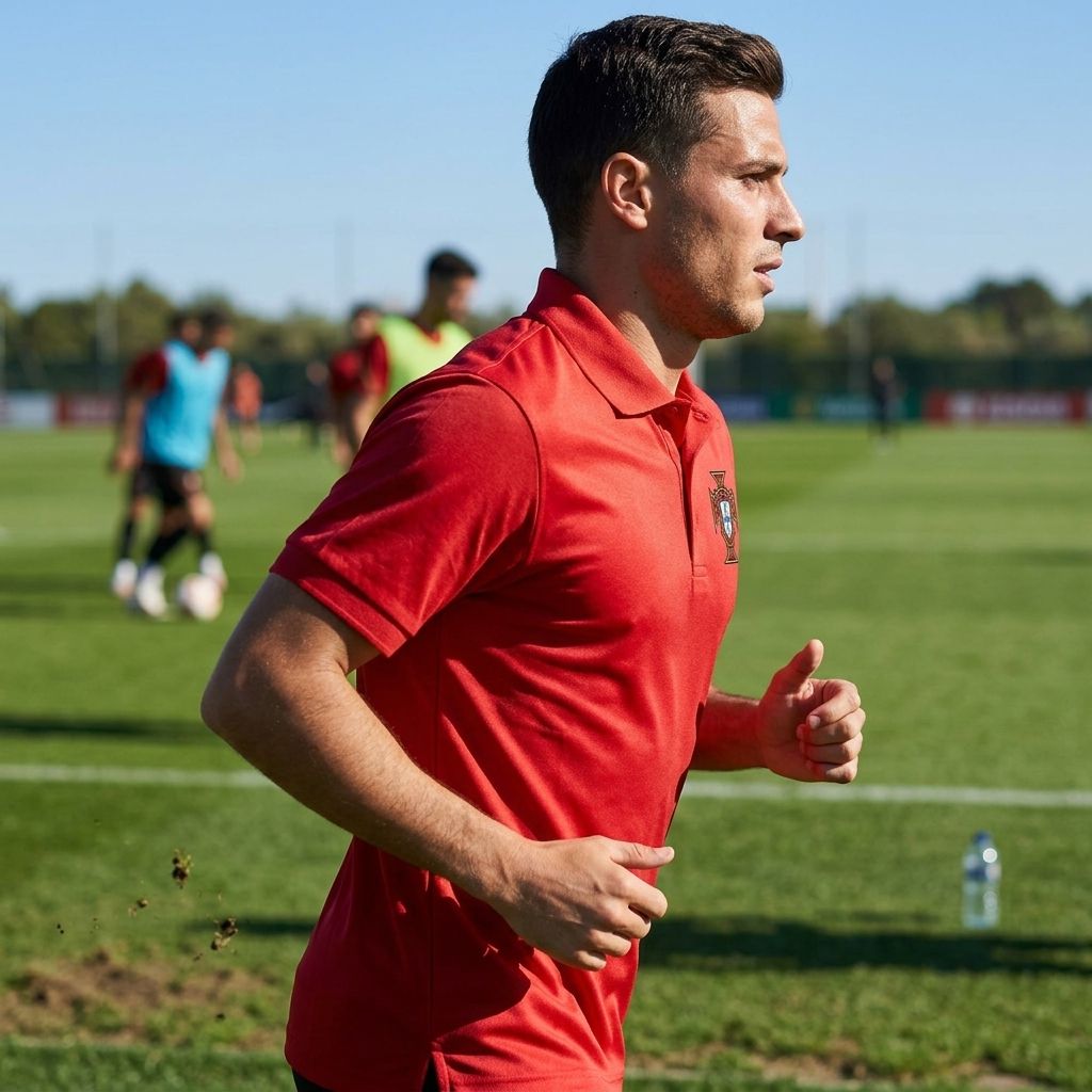 Dynamic side profile of male athlete in Portugal Dry Blend Polo during soccer training, highlighting fabric's moisture-wicking and sporty cut.