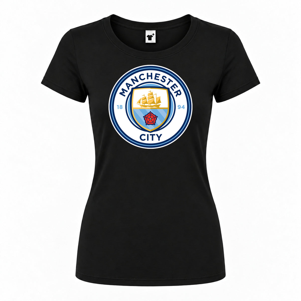 Women's Manchester City Soccer Round Neck T-Shirt — Black — original logo on current Drive garment