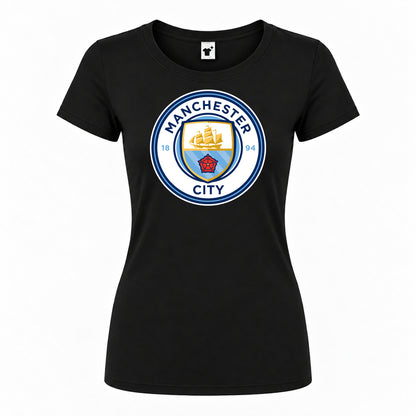 Women's Manchester City Soccer Round Neck T-Shirt — Black — original logo on current Drive garment