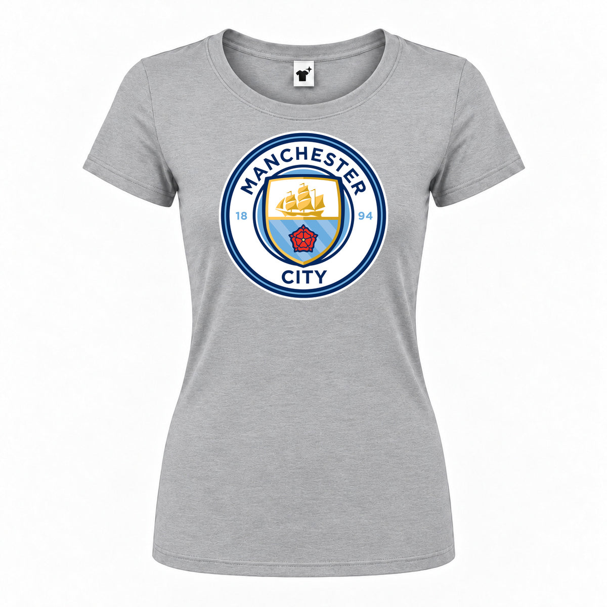 Women's Manchester City Soccer Round Neck T-Shirt — Grey — original logo on current Drive garment