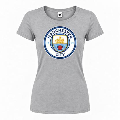Women's Manchester City Soccer Round Neck T-Shirt — Grey — original logo on current Drive garment