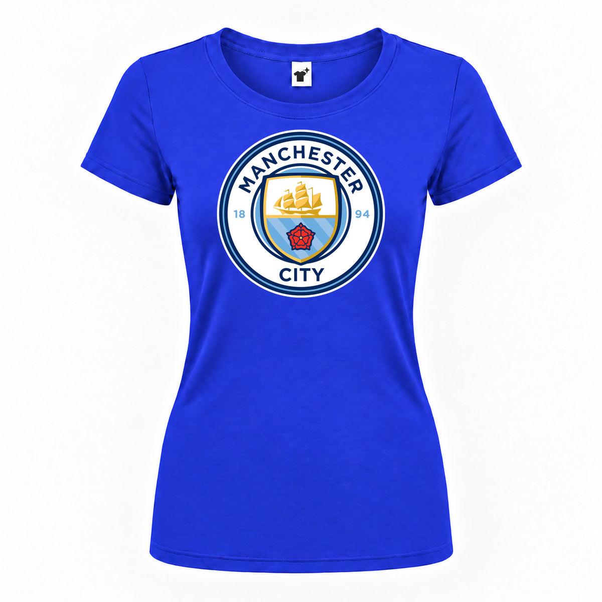 Women's Manchester City Soccer Round Neck T-Shirt — Royal Blue — original logo on current Drive garment