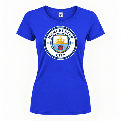 Women's Manchester City Soccer Round Neck T-Shirt — Royal Blue — original logo on current Drive garment