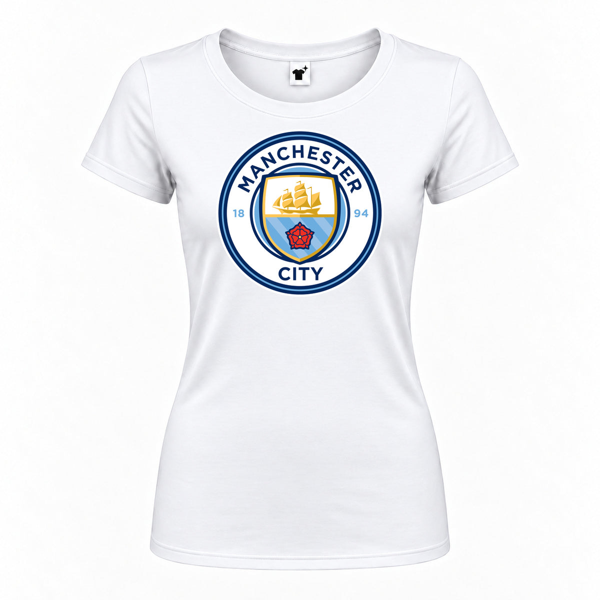 Women's Manchester City Soccer Round Neck T-Shirt — White — original logo on current Drive garment