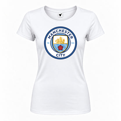Women's Manchester City Soccer Round Neck T-Shirt — White — original logo on current Drive garment