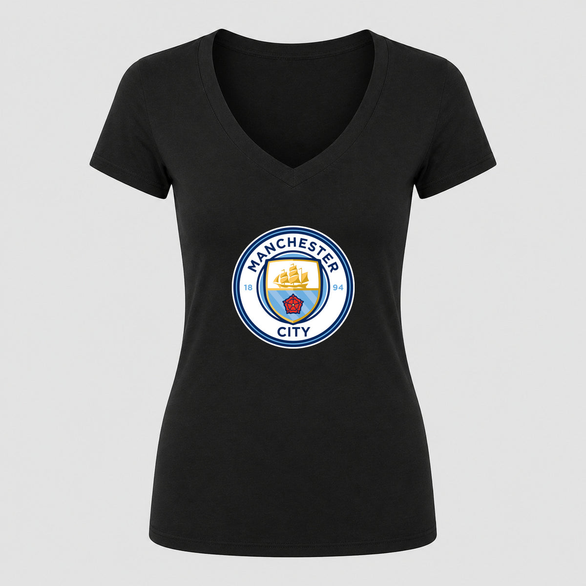 Women's Manchester City Soccer V-Neck T-Shirt | Color: Black | Original artwork on Drive garment
