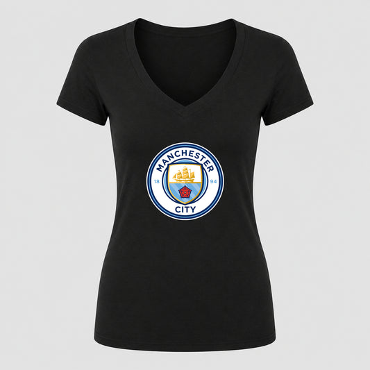 Women's Manchester City Soccer V-Neck T-Shirt | Color: Black | Original artwork on Drive garment