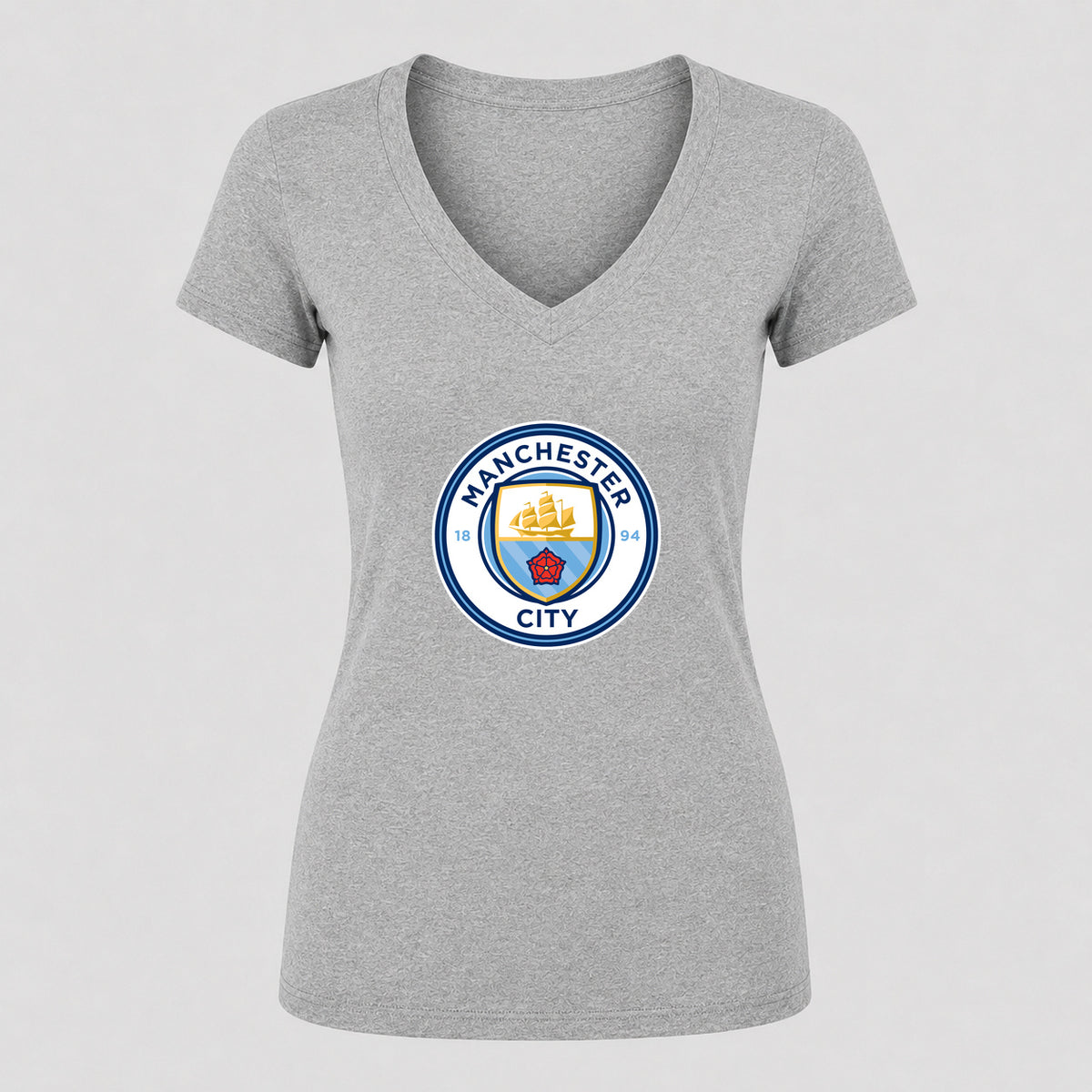 Women's Manchester City Soccer V-Neck T-Shirt | Color: Gray | Original artwork on Drive garment