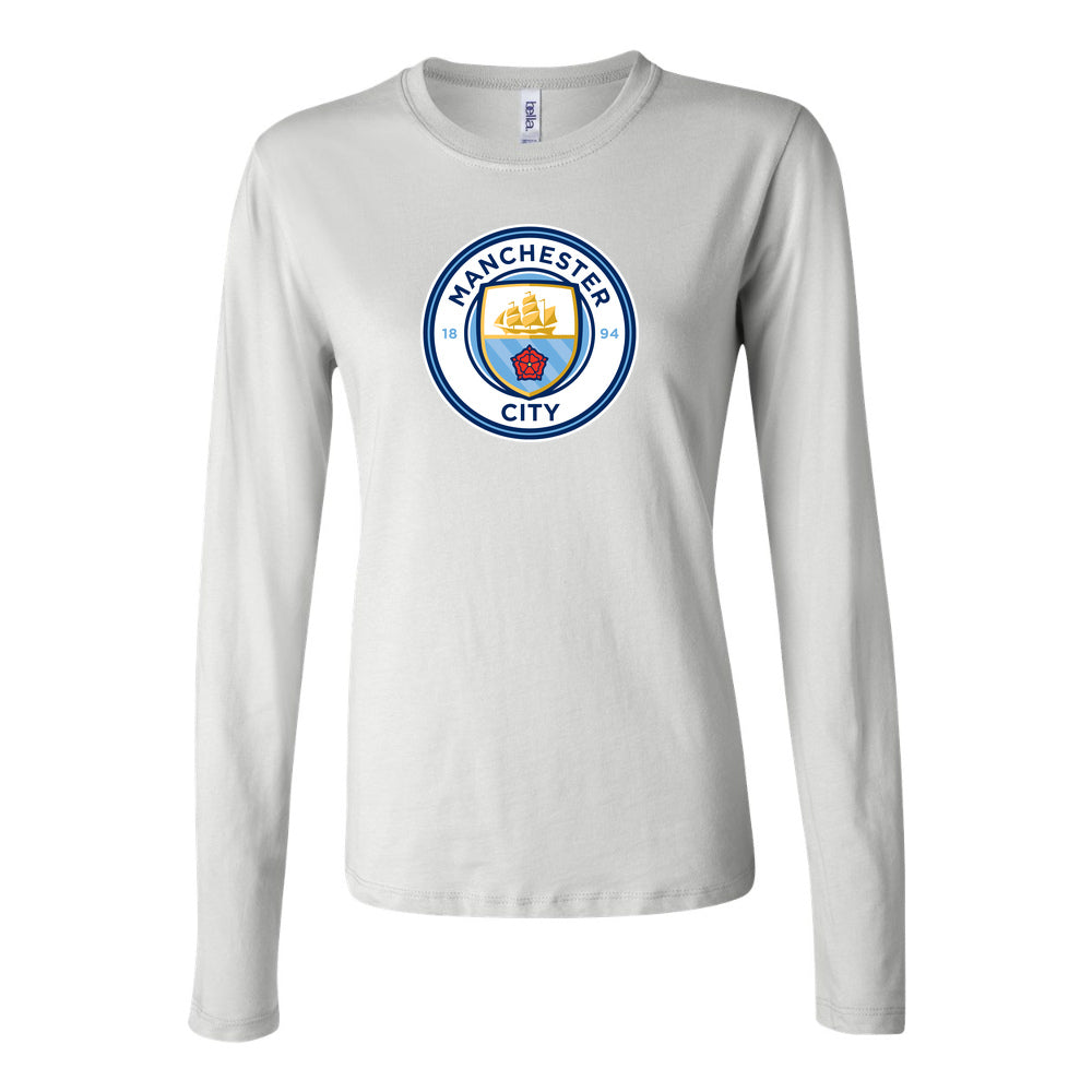 Women's Manchester City Soccer Long Sleeve T-Shirt | Color: White | Original artwork on Drive garment