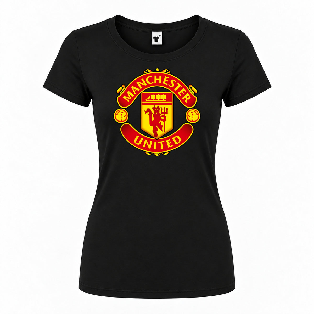 Women's Manchester United Soccer Round Neck T-Shirt — Black — original logo on current Drive garment