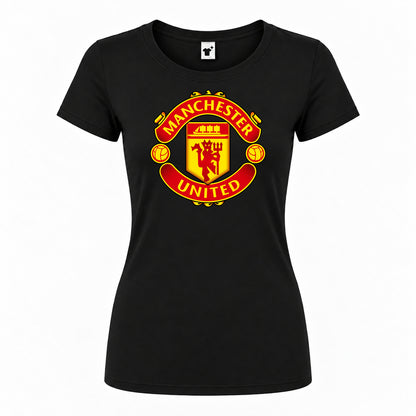 Women's Manchester United Soccer Round Neck T-Shirt — Black — original logo on current Drive garment
