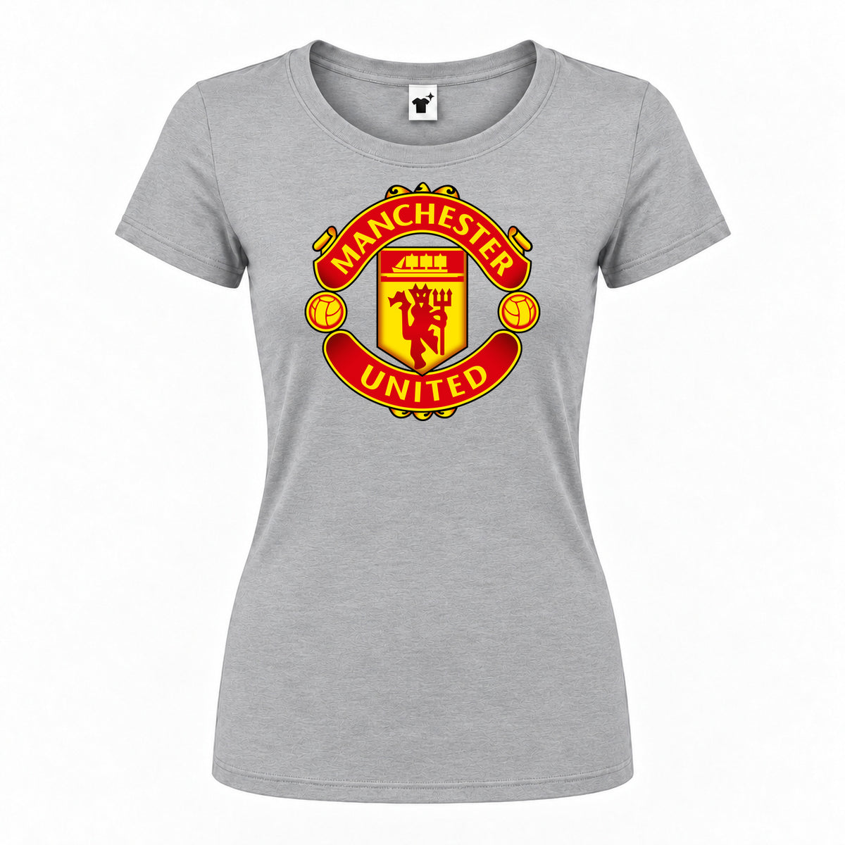 Women's Manchester United Soccer Round Neck T-Shirt — Grey — original logo on current Drive garment
