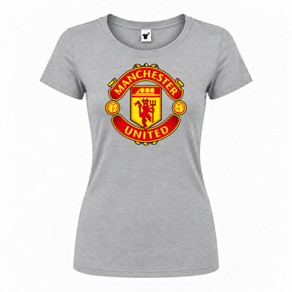 Women's Manchester United Soccer Round Neck T-Shirt — Grey — original logo on current Drive garment