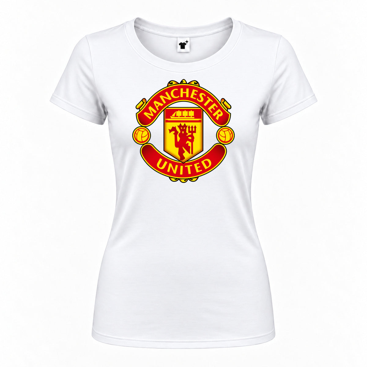 Women's Manchester United Soccer Round Neck T-Shirt — White — original logo on current Drive garment